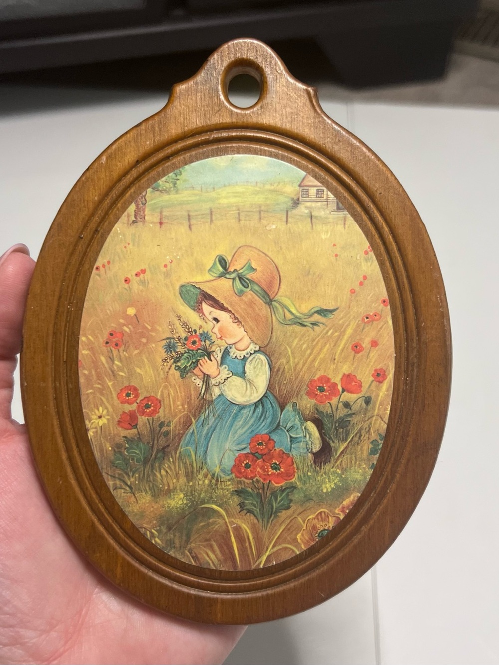 Vintage-Style Meadow Girl Art Print in Blue and Brown